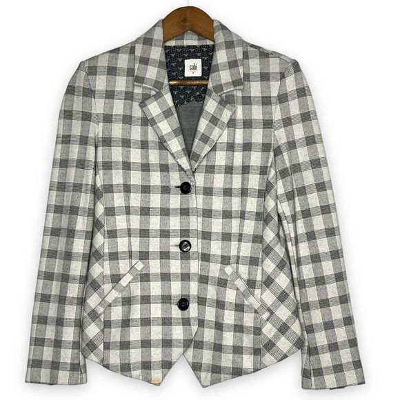 Cabi Gray Black Slim Valentina Plaid Checked Three Button Knit Blazer Jacket Siz - Picture 1 of 13